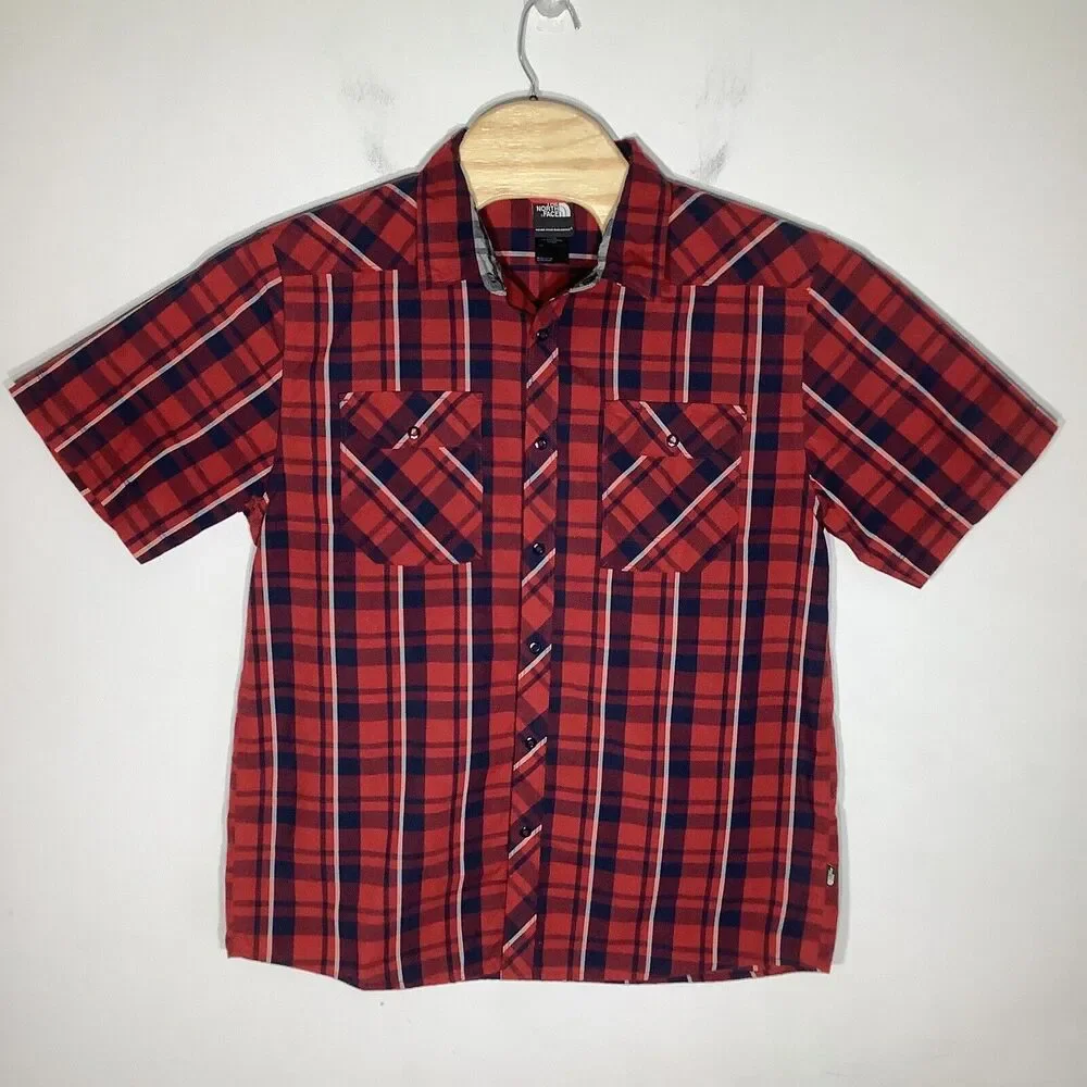 The North Face Mens Short Sleeve‎ Snap Button Shirt Red Plaid Size Large